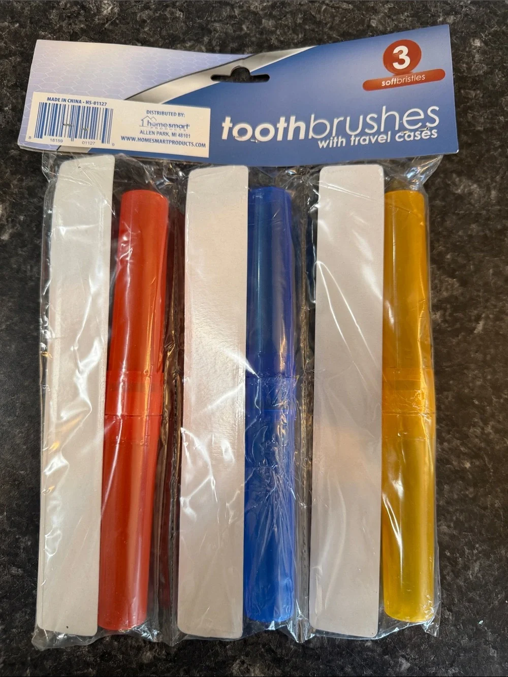 Health Smart Travel Toothbrushes - Yellow, Blue, Red (3 Pack) Soft Bristles